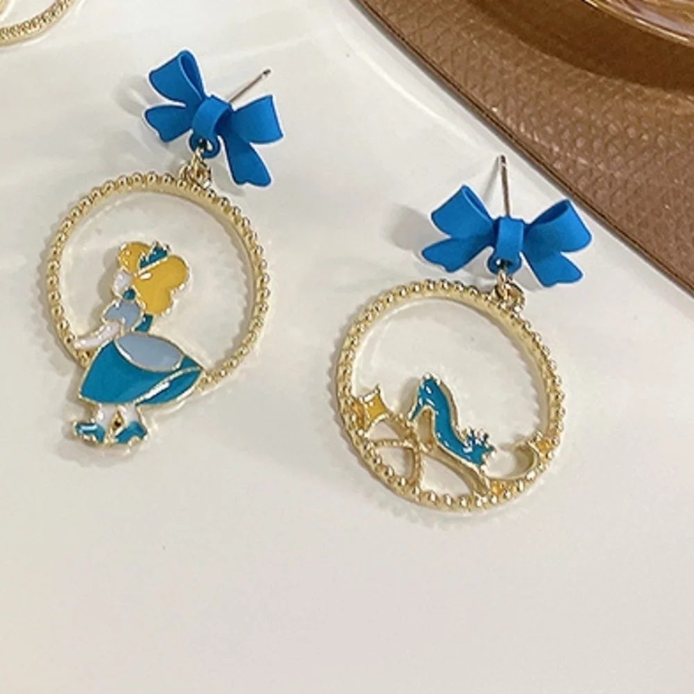 Disney Style Cinderella Drop Earrings Blue Bow & Glass Slipper Dangles